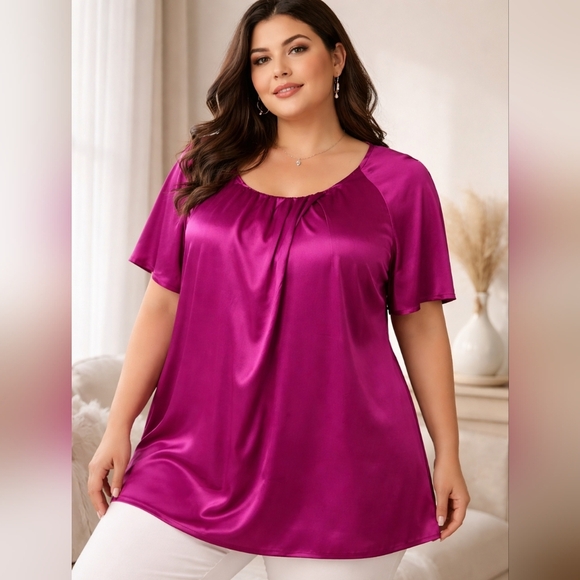 MICHAEL Michael Kors Tops - MICHAEL Michael Kors Satin Short-Sleeve Blouse in Fuchsia